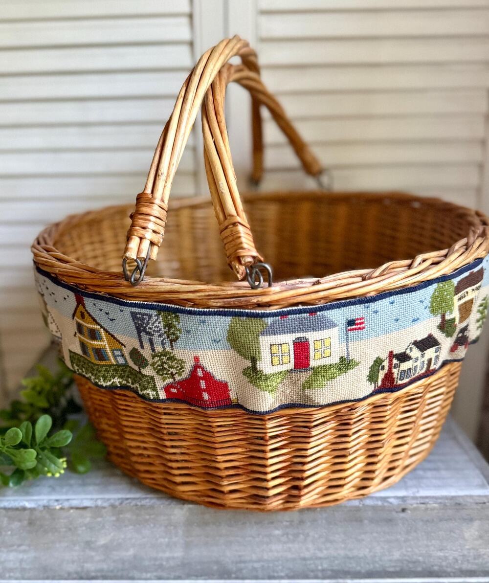 Gathering Basket with Needlepoint | Rural Border Scene Basket | Buggy Maker